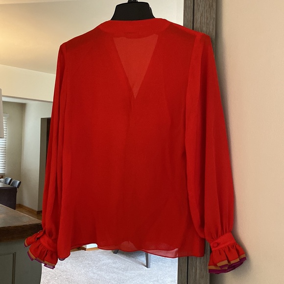 Sheer button up red blouse, tiered ruffle multi-color lapel and cuffs, gorgeous! - Picture 7 of 7